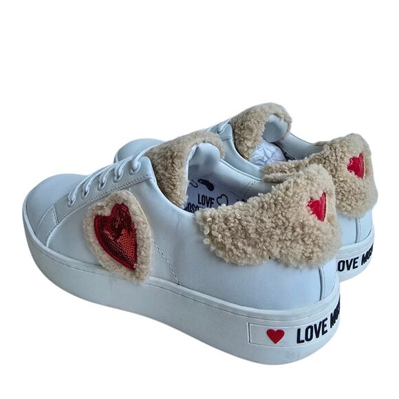 Love Moschino Sequin Heart Sneakers Size EU41 US 11 Shearling Trim White Leather - Picture 5 of 15
